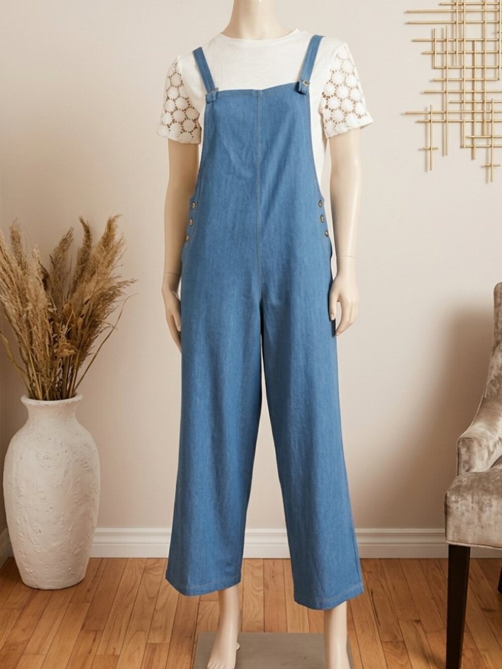 NATURA Portugal Cotton Wide Leg Cropped Overalls Jumpsuit Sz Med Soft Blue